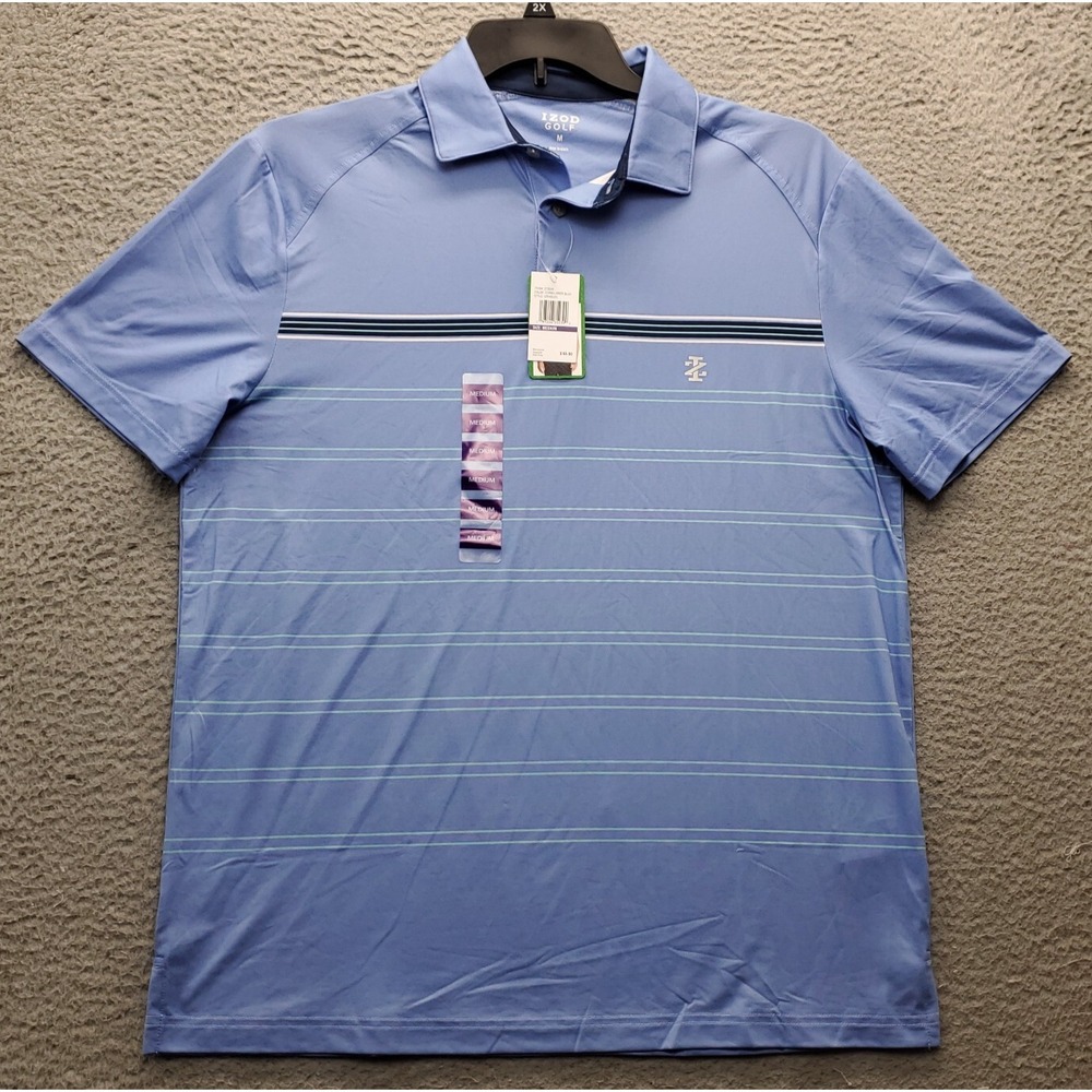 IZOD Golf Performance Polo Shirt Men's M Blue Striped Detail Collar Slit Popover